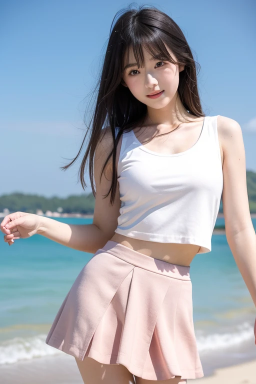1 pretty girl,white skinned,brown hair,looking at viewer, beautiful small chest, France, pony tail, happy smile, sports, swimming, riding, pulling, dynamic, blooming tree, beach, pink skirt, sexy pose