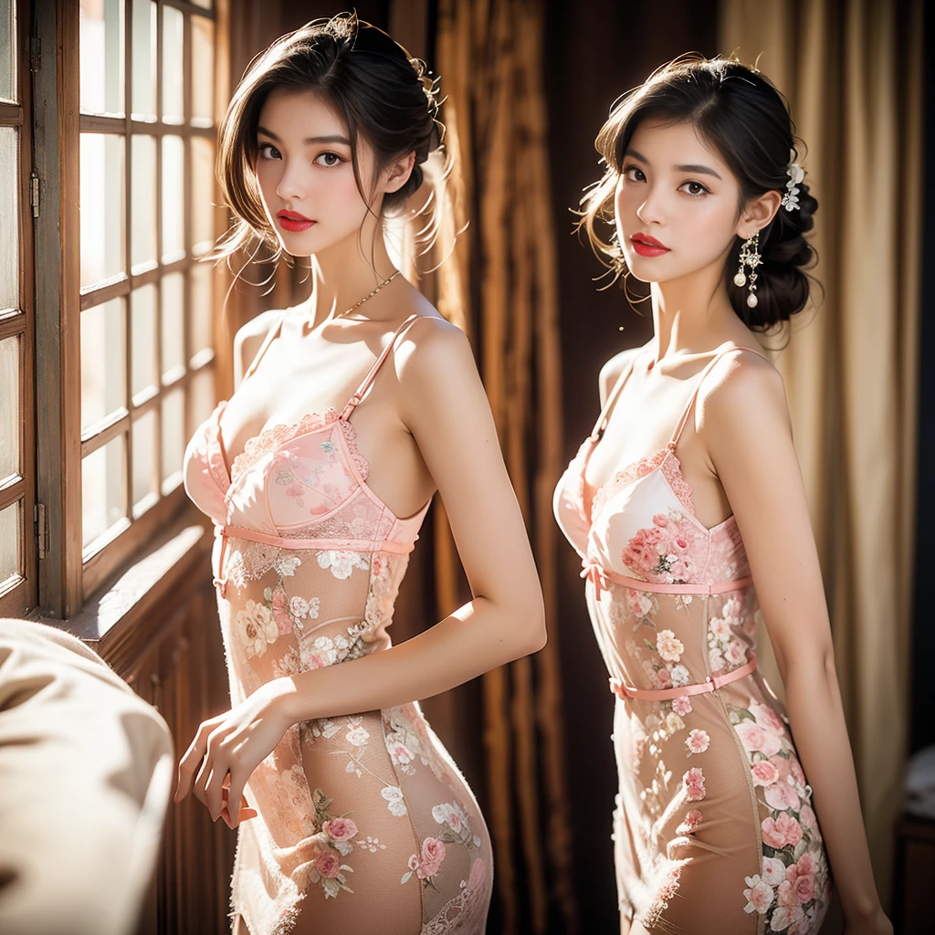 ((best quality)), ((masterpiece)), (detailed), perfect face, Very large breasts, Ultra-high resolution room, 8k, Perfect body, Head-up display, Ergonomic, Small face, Long eyelashes, Glittery pink lips, Attention to detail, Cleansing the skin, A face without blemishes, Korean beauty, 20-year-old woman, 1 female, Beautiful pink wedding dress, Bride standing in front of mirror in bridal shop, whole body, (Pink embroidered see-through wedding dress:1.3), Oversized dress, Ridiculously big ,