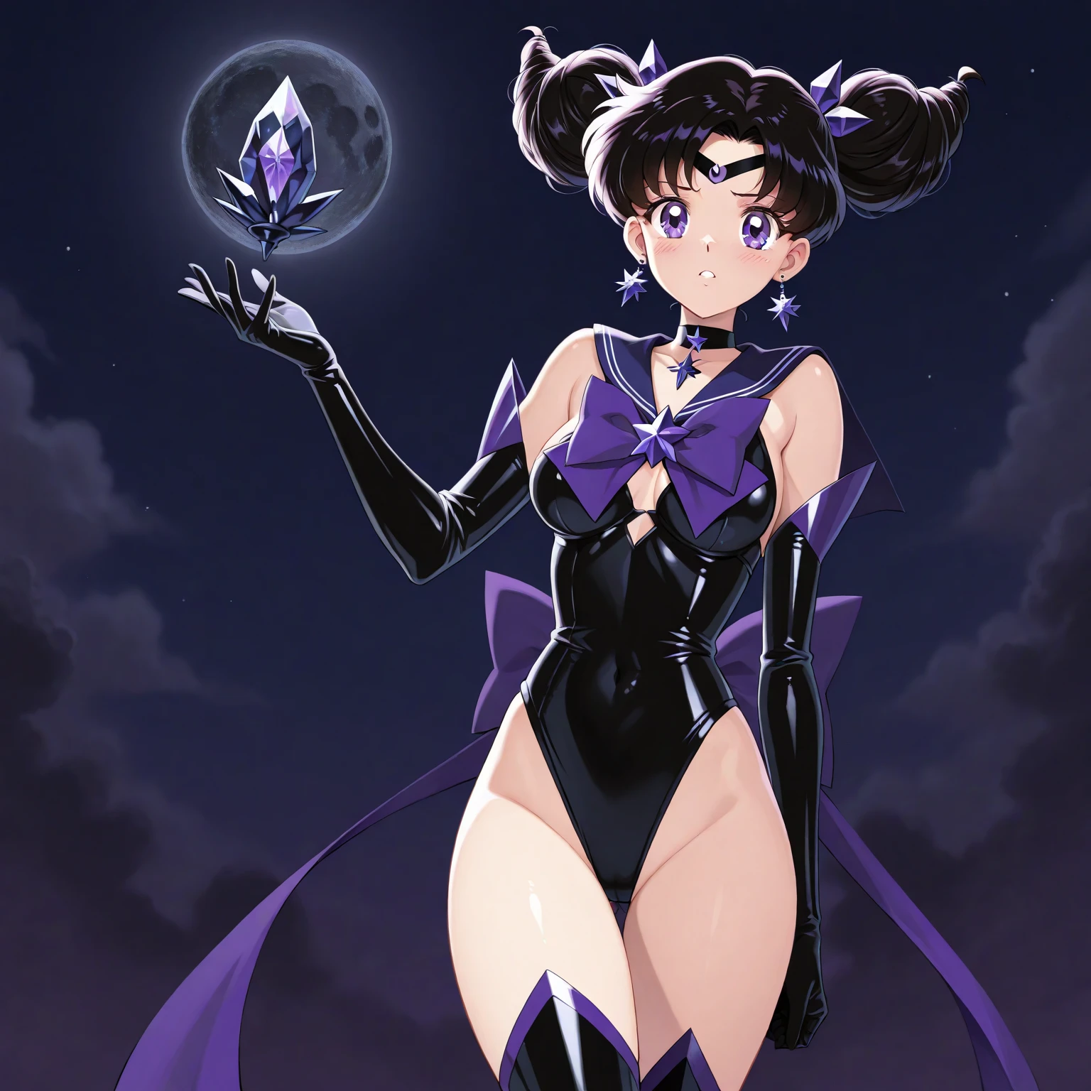 ((masterpiece,best quality)), absurdres,
Black_Lady_Sailor_Moon,
solo, smiling, looking at viewer, cowboy shot, 
cinematic composition, dynamic pose,very evil smile,very evil smirk,(masterpiece:1.0),(Highest_quality:1.0), 超High resolution,4k,Super detailed, photo shoot, 8K, HDR, High resolution,EPTakeuchiNaokoStyle, 1990s \(style\), anime screencap, retro artstyle, anime coloring, traditional media,face focus,dark aura,black darkness,black mist,black mog,huge amethyst crystal,offical art,