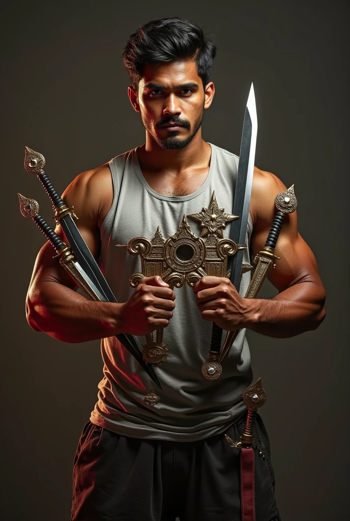 A young man holding a sword standing on a black screen garuda