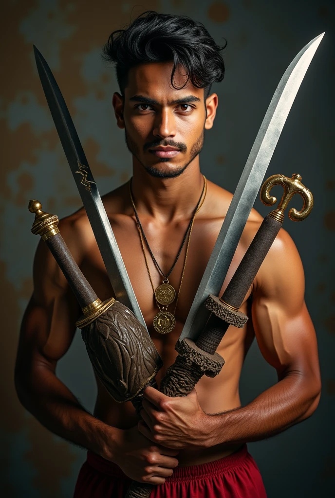 Draw me a picture,a bare-chested man,he wears a belt and typical Javanese clothing such as batik cloth and a shawl,she doesn&#39;t wear any jewelry except a necklace,he wears a belt in his belt there is a keris tucked in,he also wears shorts,her hair is tied in a bun,and he wears a quiver of arrows on his back, his body is slim and his skin is white but he looks handsome,his face has no moustache or beard,he faces forward with his arms crossed