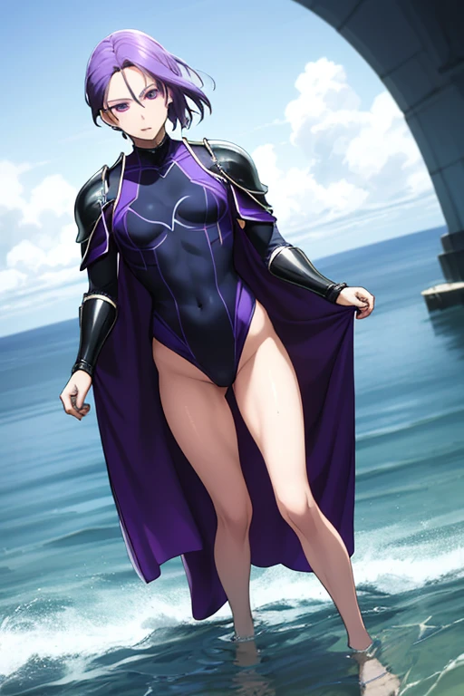 mature female, mature, Adult, himeno, himeno(Chainsaw Man), 1girl, black hair, short hair, eyepatch, Himeno(Chainsaw Man), solo, naughty face, nsfw, Bending forward, Spread arms, Raise arms, looking back, From back, Beach, Night, latex purple leotard, dramatic angle, unique perspective, unique angle, masterpiece, Top animation quality，Top image quality,