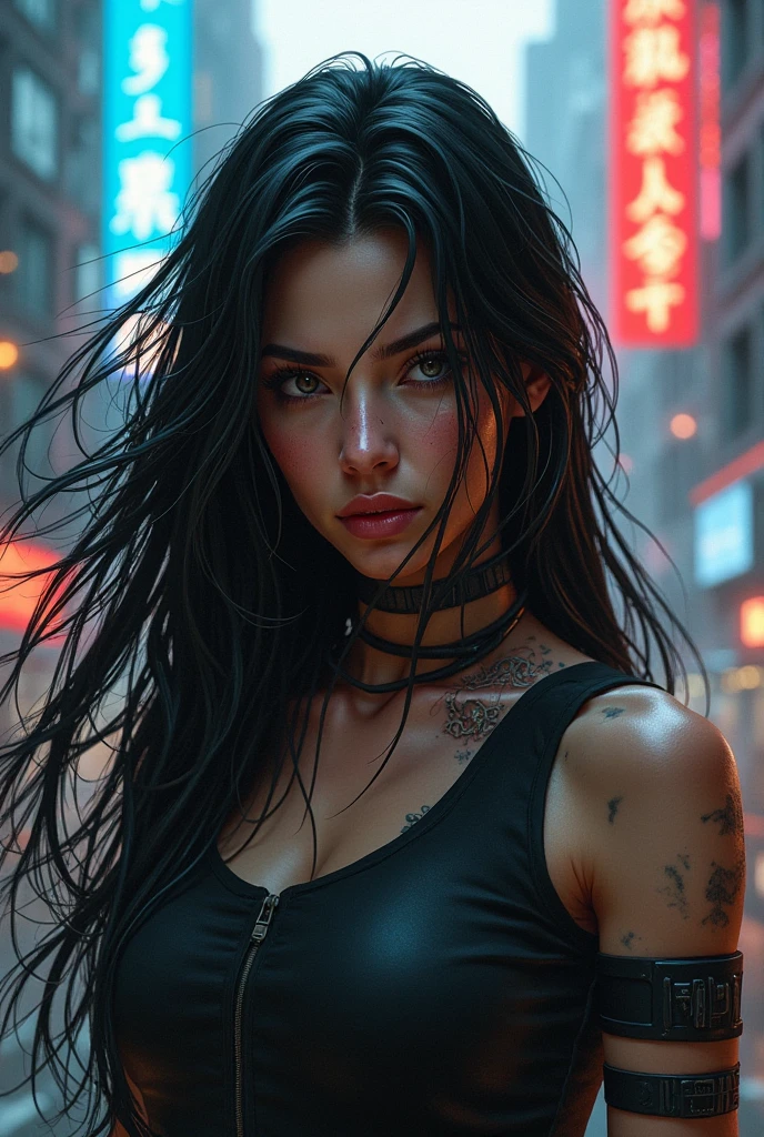 stoya outside in the rain, soaking wet, with tribal tattoos, (detailed facial features:1.15), very long flowing hair, Unreal Engine 5, 8K, HQ, HDR, amazing detail, intricate details, shallow depth of field, reflections, art by artgerm and greg rutkowski