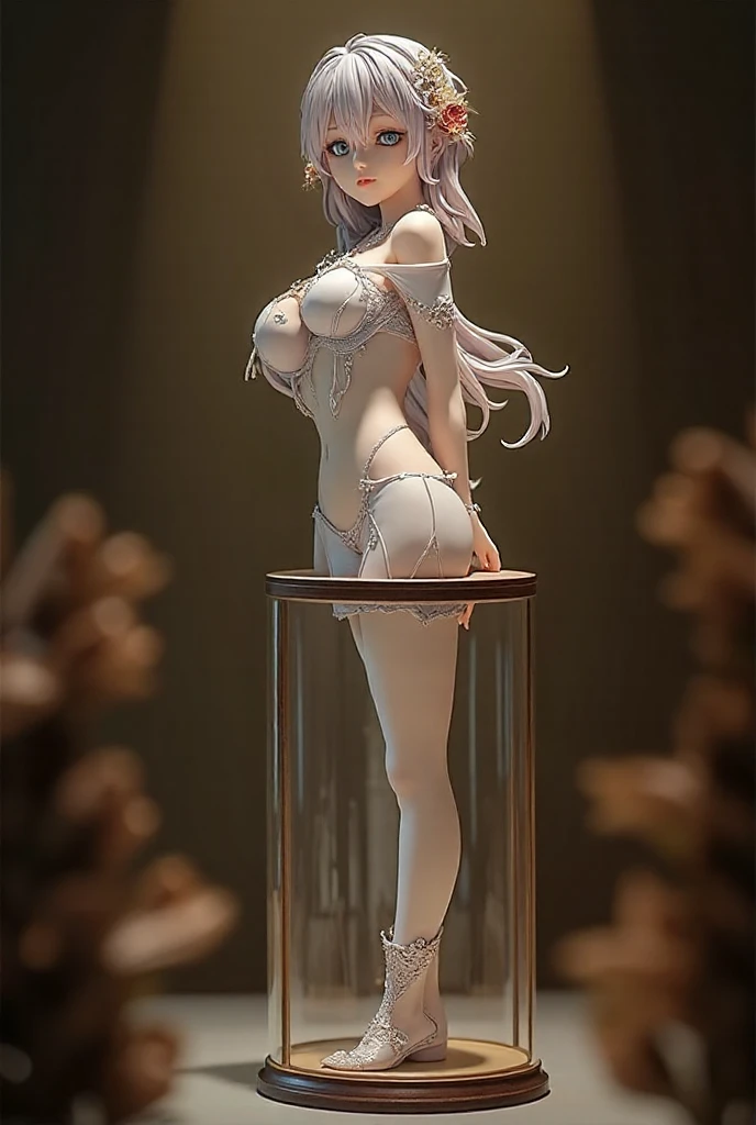 best quality,absurdress, 1 19 year old girl wearing white bra, big bust, blue eyes, purple hair (long, wavy, voluminous),long hair, white lingerie( strapless bra, thong panties, garter belt, stockings 7/8), full body, looking at the viewer