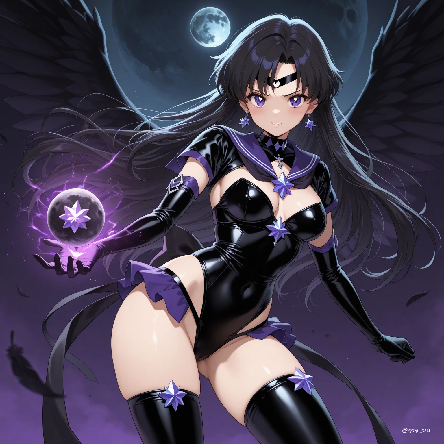 Highest quality Best image quality Adult-like body type Draw a face carefully High quality anime style faces Super shiny skin Black and purple leotard Pink Pantyhose Succubus Lure smile Rear View