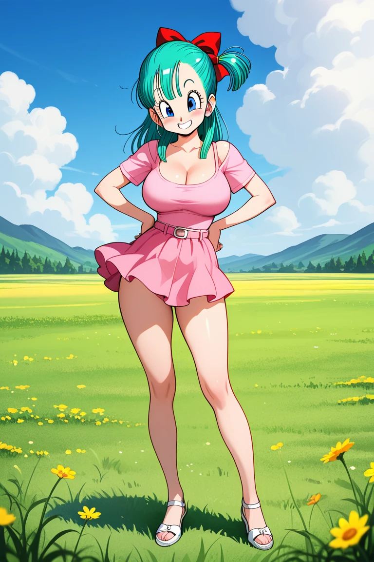 Masterpiece, Best Quality, Hi-Res, Dragon Ball, BLMSDUP, Bloomers, Aqua Hair, Single Side Up, Pink Dress, Long Sleeve, Clavicle, Middle Chest, Outdoors, Standing, Cowboy Shot, (Dress Lift: 1.9), Wicked Smile,