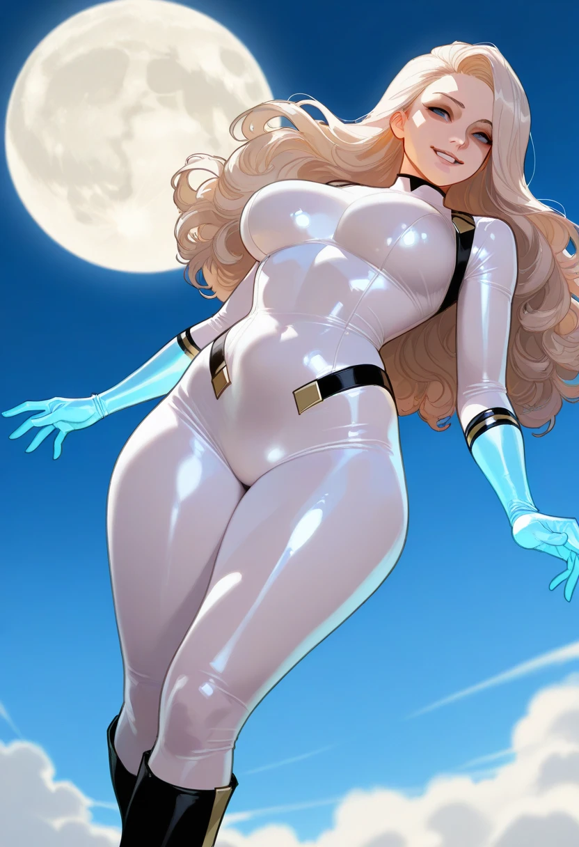 (best quality,8k:1.2,high resolution:1.2),ultra-detalhado,Realistic,retro science fiction female superhero,very long curly hair,rosto extremamente detalhados,long eyelashes,all sheer white Collant de nylon Apertado,pantyhose,white latex gloves, white Glossy plastic accessories,Physically-based rendering,foco nítido,studio lighting
