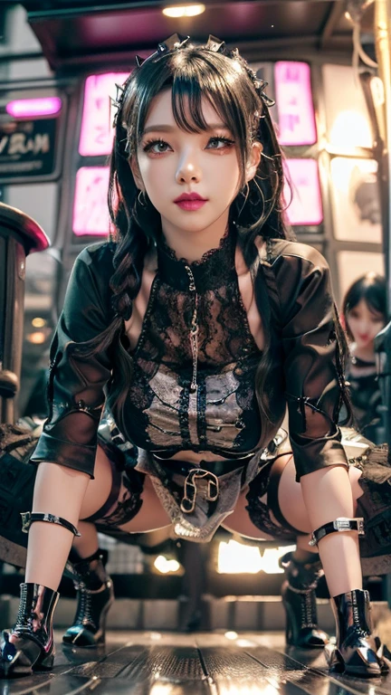 (best quality, masterpiece:1.3), 1girl,  (emo girl, piercing:1.3), fishnet Stockings, latex shorts, sitting, tattoo, long hair, night, street,