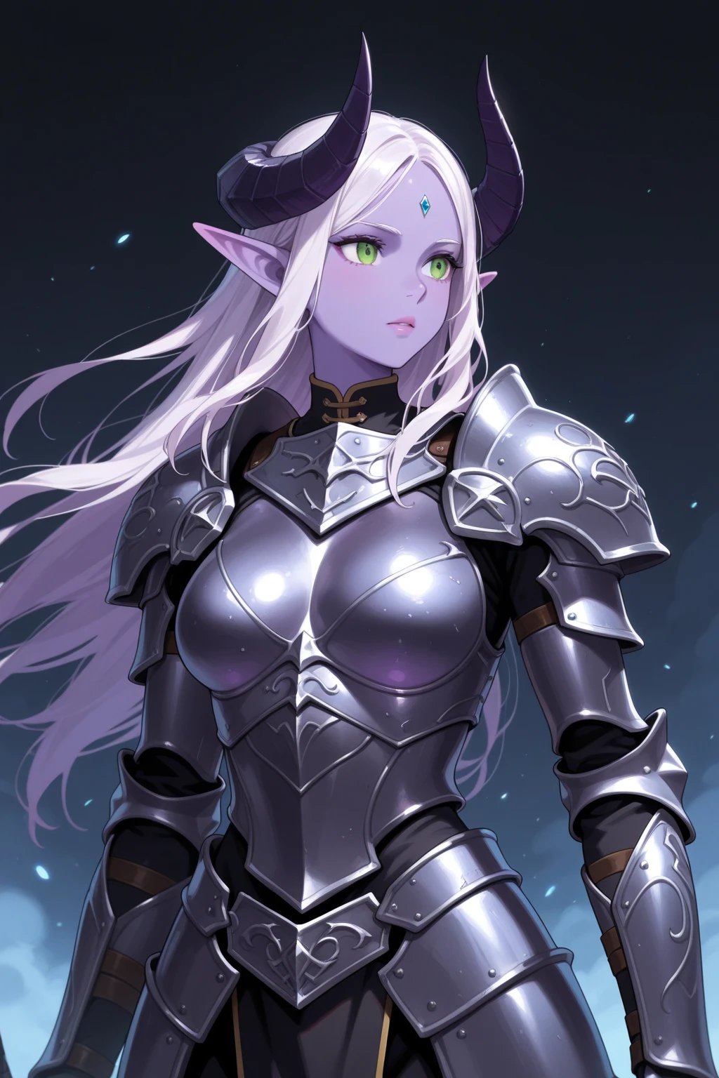 masterpiece, best quality, ultra-detailed, 1 girl, goblin girl, female goblin, goblin, 1girl, green skin, long pointy ears, white hair, long braided hair, blue eyes, bangs, medium breasts, smile, belts armor, sword and shield, curvy