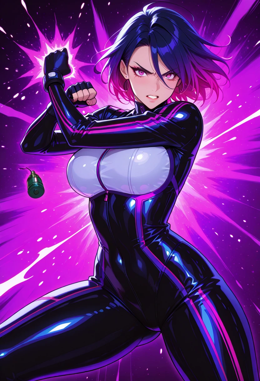 1girl,solo,super detailed skin,shiny skin,expressionless,purple hair,short hair,swept bangs,half open eyes,eyelashes,lips gloss,large breasts,fullbodysuit,fishnet arms,ninja clothes ,cowboy shot,blitz magic,simple background,model pose,masterpiece,best quality,ultra detailed,high resolution,sharp focus
