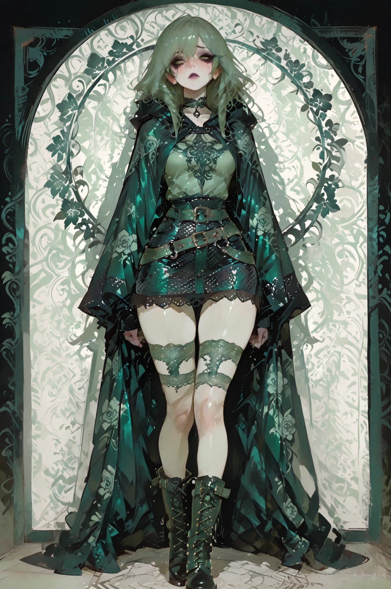 1 big woman in garden wearing net design green long frock