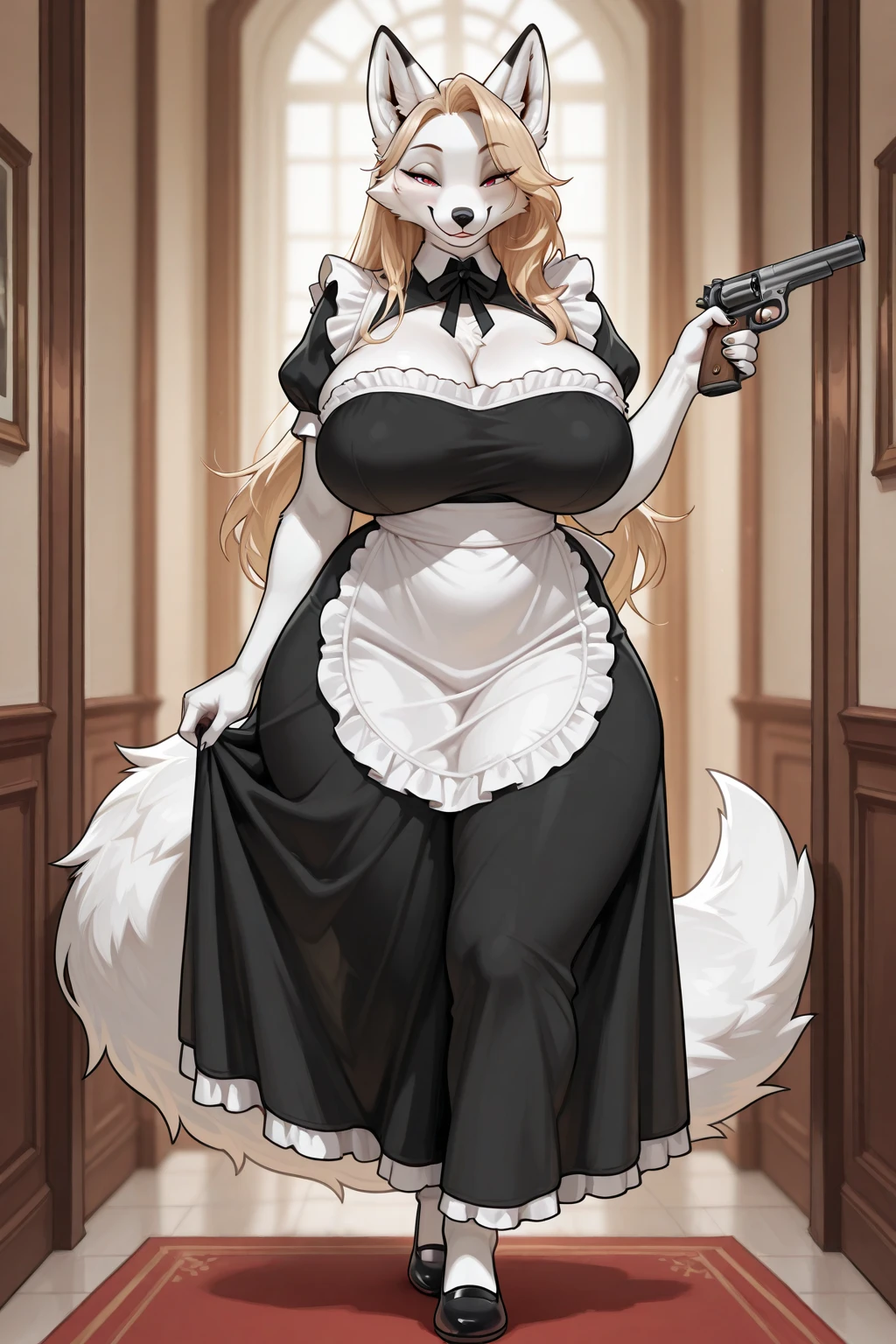 score_9, score_8_up, score_7_up, score_6_up, score_5_up, score_4_up, (solo), female anthro hyena, nurse coat, skirt, lusty, fluffy body, long blond hair, turquoise eyes, (thick thighs:1.5)((( offering the breasts))) sex partial clothes, (((cleavage))) semi-butonned uniform niform, (barely_visible_booba) (she is standing) , giant breasts, garter belt tights ((low angle view))