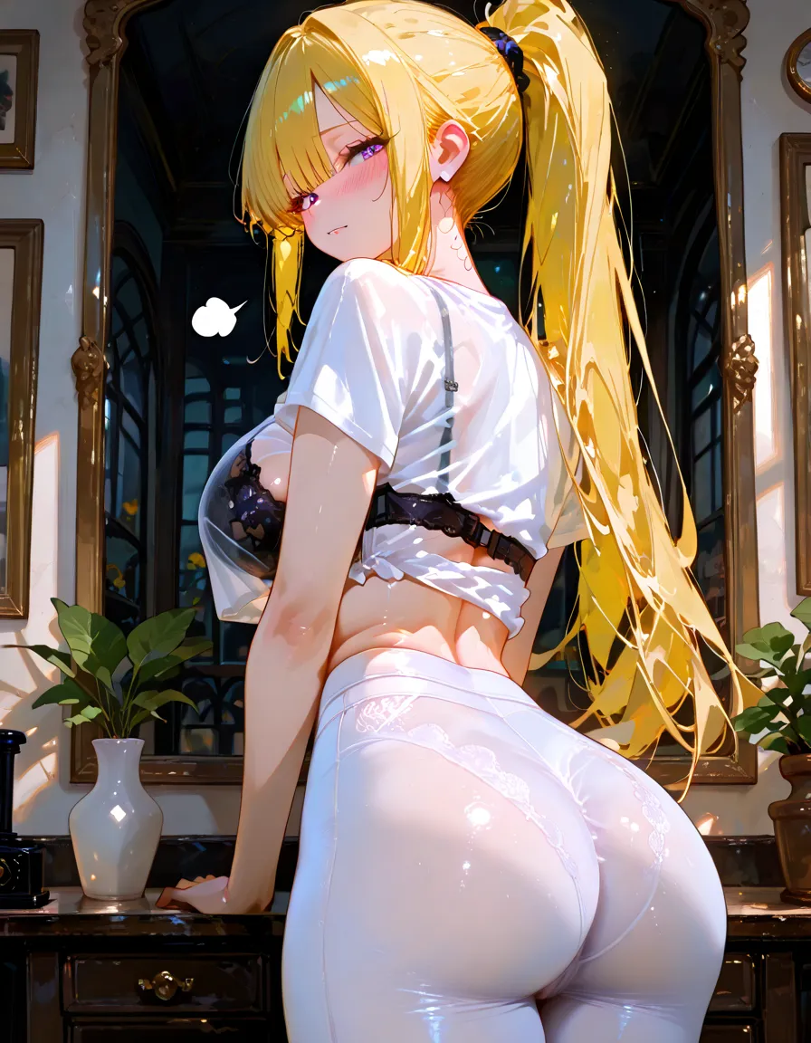 masturbation behavior、Golden Hair、A beautiful young woman、Gorgeous full nude、Twin tail hairstyle、A large yellow ribbon hair ornament、Thick and well-groomed armpit hair、Thick and well-groomed pubic hair、Beautiful anus、Spread your legs、Feeling embarrassed、Open your ass