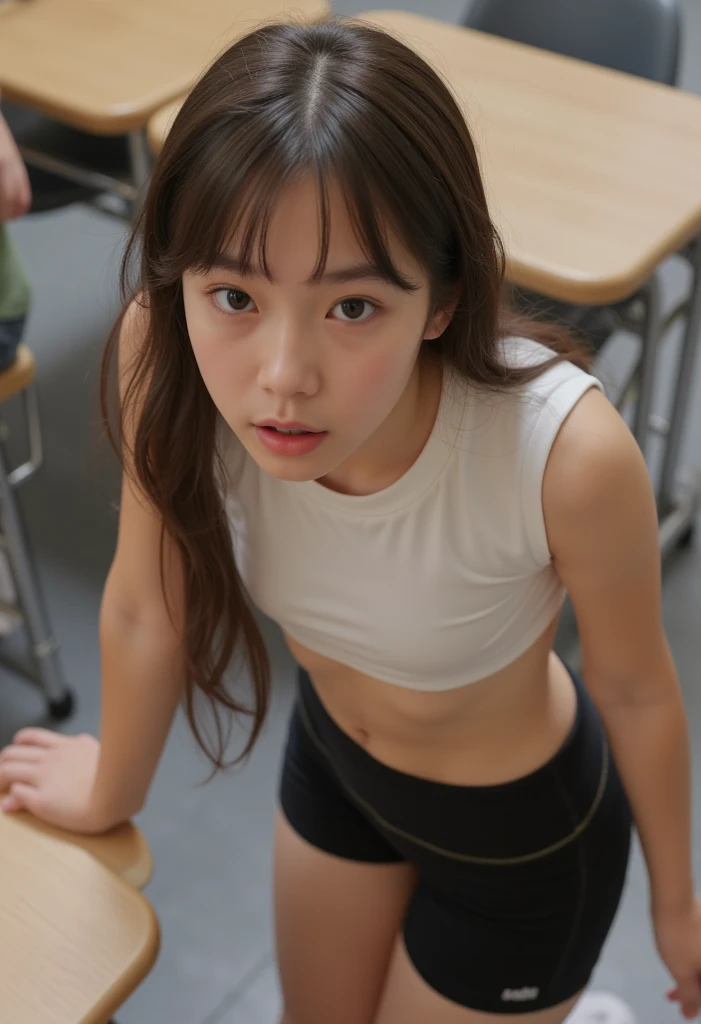 (best quality:1.2), masterpiece, Realistic, Ultra-high resolution, ((a beautiful Japanese idol 12 years old woman:1.2)), (Gaunt:1.3), (((Very flat chest:1.4))), ((Baby Face)), (((Show me your sweaty armpits:1.2))), ((Upper Body:1.4)), (arms up), (focus on her armpit:1.3), ((Armpits are wet and shiny with sweat)), She has skin that sweats easily Soaking wet, (athletics stadium, track and field athlete:1.2), ((topless))