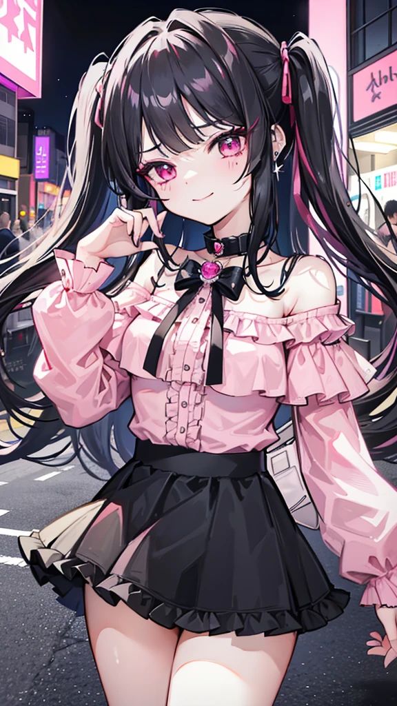 (8K、Highest image quality、highest quality、masterpiece)、detailed face、1 girl、black hair、long hair、twintails、blunt bangs、pink eyes、lots of earrings、blush、evilsmall、grin、Moderate chest、Pink ruffled clothes、black mini skirt、jirai kei、((skirt lift))、((pink string panties:1.1))、cowboy shot、Take from below、((Downtown background at night))