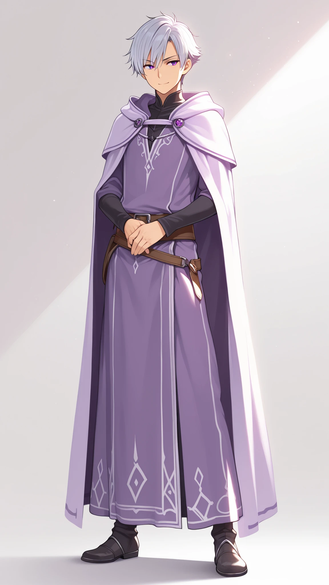 masterpiece, best quality, white background, solid white background, full body shot, 1 boy, standing, a mature-looking male teenager (around 17-19), silver short hair, sharp purple eyes, wearing a fitted, elegant wizard robe with refined and minimalistic design, not baggy, slim silhouette, clean and high-class fantasy attire, confident expression, graceful pose, mystical and fantasy-themed atmosphere, soft lighting, anime style, highly detailed, high resolution