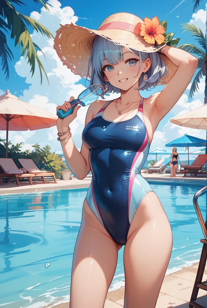 (best qualityer, masterpiece1.8), cute painting, a woman in a swimsuit in the water, wet swimsuit wear, is wearing a swimsuit wear, water armor, blue scales covering her chest, in water up to your shoulders, stands in a pool of water, swimsuit wear, scales covering her chest, wearing two - piece swimsuit wear, Nothing, with blue skin, deep blue skin, water demon, silver hair (hypdertailed)