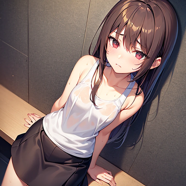 Prompts: Girl, (light brown hair:1.5), (black eyes:1.1), (big eyes: 1.1), (sagging eyes: 1.5), (very long hair:1.1), hair between eyes, (flat chest:1.3), (straight hair), very short, only , droopy eyes, 11 years old, (short height:1.8), young face , smooth straight hair, locker room, wearing a jersey,long sleeve jersey, long pants jersey,