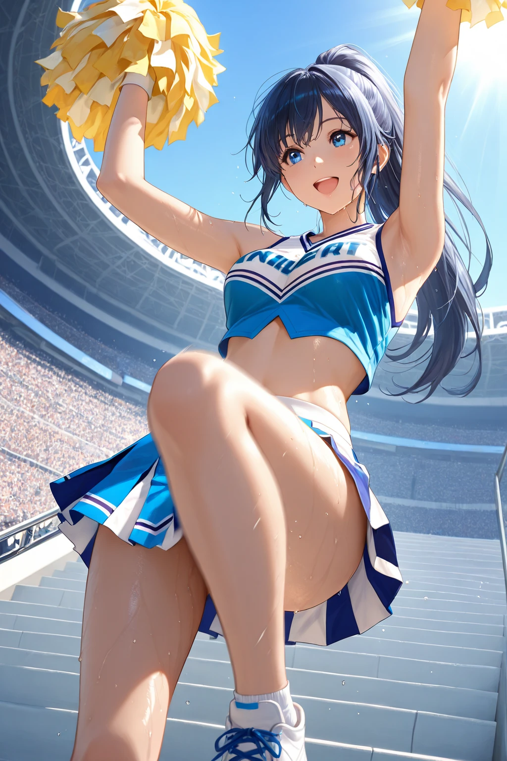 High Definition Anime 8K Wallpaper), (Very Delicate and Beautiful), (Best Quality:1.0), (Ultra High Definition:1.0), (Very Delicate Hair), (Very Delicate and Detailed Eyes)Realistic Shadows, [High Definition], Detailed Skin, (Very Delicate Eyes), (Cheerleading), (Full Body), Large Breasts, Lower, (Sweaty), Sweaty Wet Clothes, (Yellow Clothes), Miniskirts, Navel Dashi Cheer, Playground, (Jump), (JUMP), jumping with bent legs, air, blue sky, meadow, smile