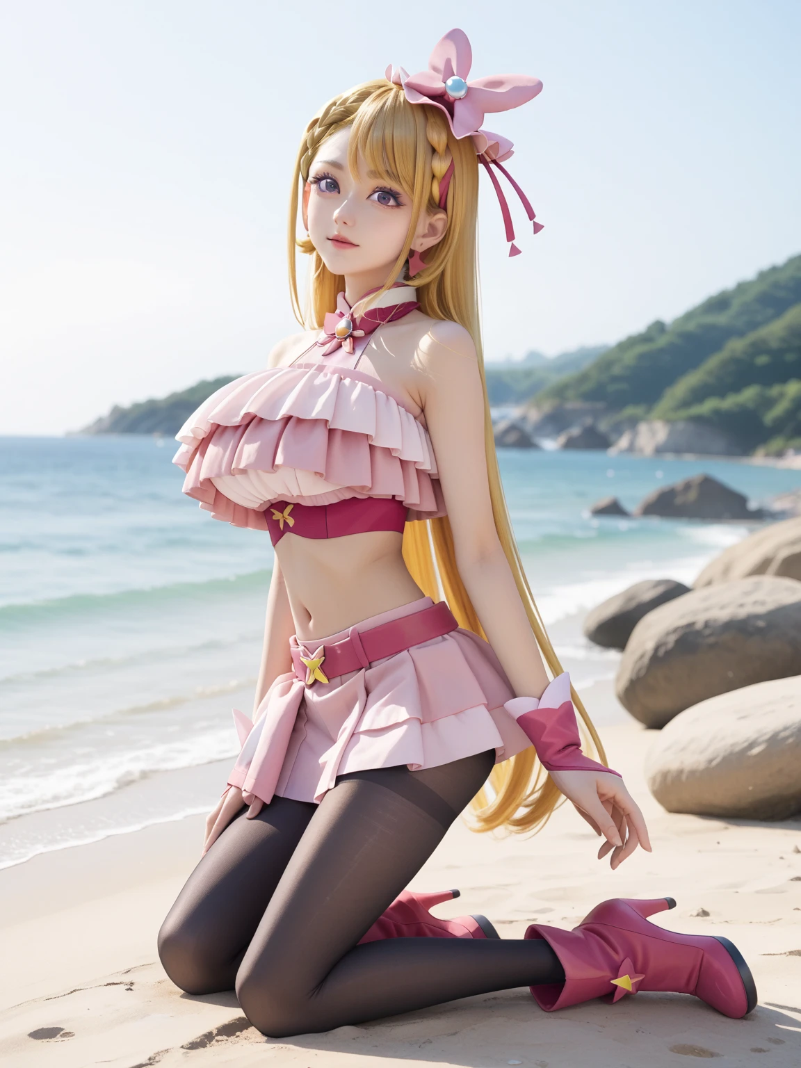 masterpiece, highest quality, High resolution, Venus 1, 1 girl, alone, sailor warrior uniform, sailor venus, aino minako, blonde hair, Magical girl, blue eyes, orange skirt, elbow length gloves, tiara, 40% pleated mini skirt , hair ribbon, orange sailor necklace, mini skirt, choker, red bow, orange choker, white gloves, very long hair, jewelry, earrings, denim shot, bottom view, ((intricate details)), smile,perfect body,(lie:1.3)