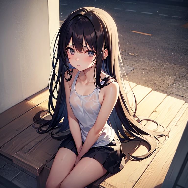 Black Hair、black eye、girl、Small breasts、Semi-long hair、girl、Medium sized breasts、Lolita、Embarrassed look、Looks about 18 years old、目のhighlight、Sexy thighs、Tank top、white bikini panties、Your eyes are so beautiful、highlight、Crouching on the ground、Open leg pose、Spread your legs、On the road