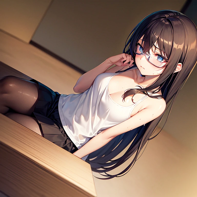 summer、An empty school classroom、thick、Sweat、、high school girl、Student Bags、、Low length、(((((Eyes hidden by long bangs)))))、(((Long black hair:1.2 hair band)))(((Black-rimmed glasses:1.2 black eye)))、Backlight、evening、Nostalgic atmosphere、Look at this、glamorous、Sexy Lingerie、Sexy underwear、Are standing、barefoot、Beautiful Abs、Small breasts、See-through underwear、Mysterious、avert your eyes、