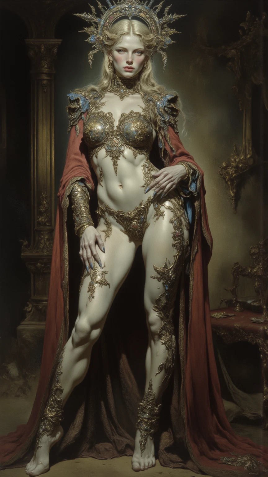 (megan fox:1.25), (muscular:1.5), (full body view:1.25), (masterpiece:1.1), (best quality:1.1), (ornate:1.1), (red and black coloring:1.26), BREAK, (horror:1.0), (esoteric:1.1), (solo:1.4), (dynamic angle:1.0), (cowboy shot:1.0), (woman:1.1),(very muscular bodybuilder girl:1.25), (huge upper body:1.25), (narrow hips:1.0), long hair, (gothic intricate vampiric armor:1.25), (gauntlets:1.0), (shoulder armor:1.1), ((tarot style frame:1.25)), (glowing red eyes:1.25), (huge muscular arms:1.5,), (10-pack abs:1.4), (lots of veins:1.25), thin legs, Realistic, Very detailed face and eyes, masterpiece, (beautiful girl face:1.25)