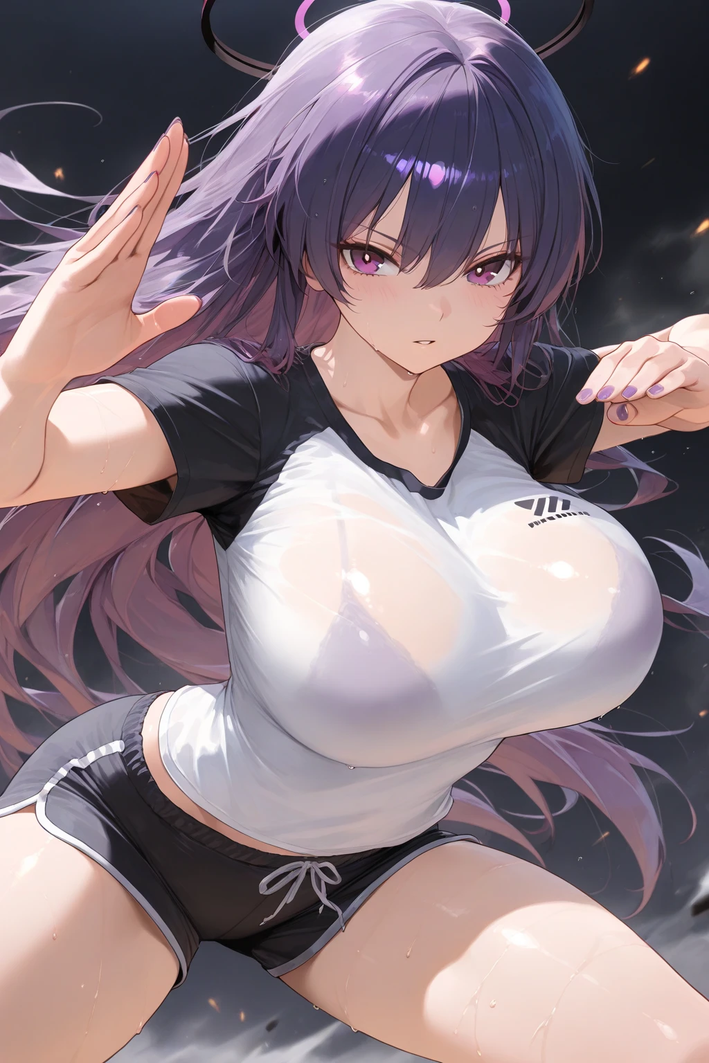 la+ darknesss, perfect anatomy, , 1girl, solo, cowboy shot, grey hair, purple hair, braid, yellow eyes, horns, indoors, t-shirt, shorts, casual, relaxing, smirk , arms behind back , huge big breasts, beautiful large breasts