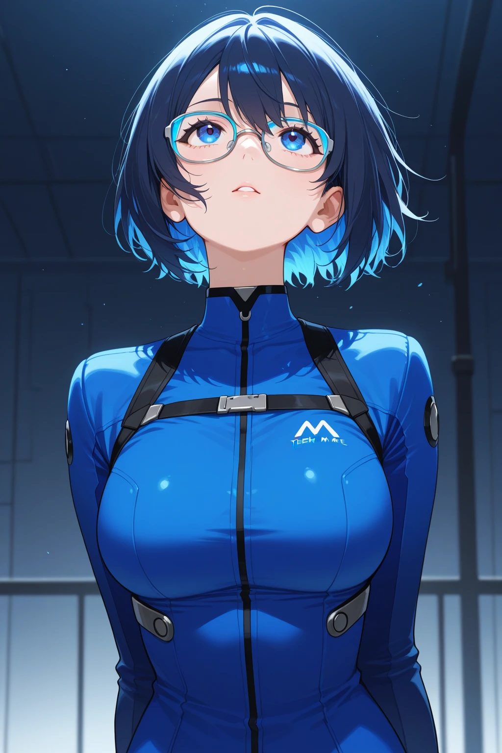 Cute girl, short curly black hair, round glasses, blue eyes, big breasts, short pants.