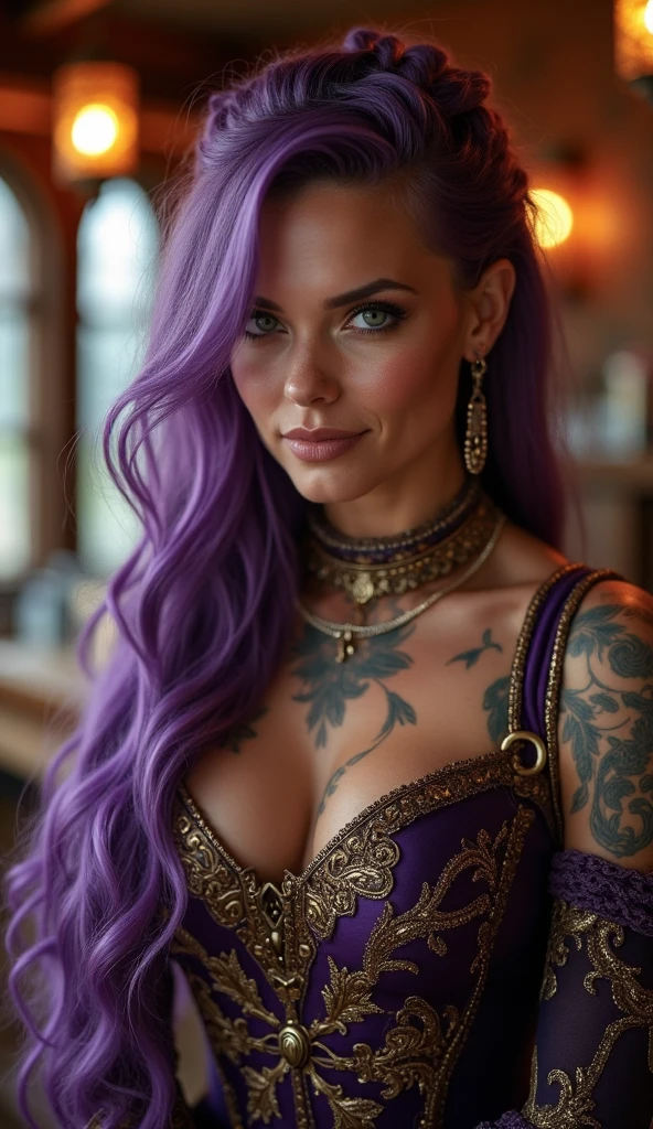 In a medieval tavern, a stunningly beautiful woman with the facial features of the first image—long, flowing purple hair and captivating eyes—stands behind a rustic wooden bar. She is dressed in the striking outfit from the second image, a combination of a red corset with black lace details and golden armor pieces. The setting is warm and inviting, with shelves of bottles and lanterns casting a soft glow, perfectly complementing her elegant and regal appearance.
