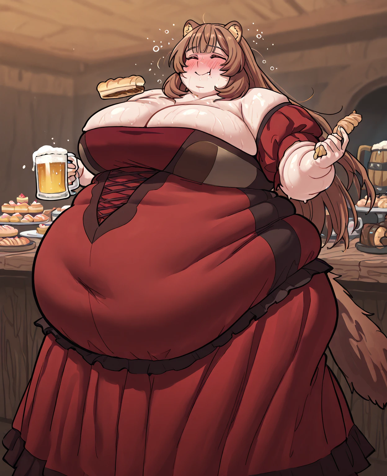 (masterpiece, best quality:1.2), solo, 1girl, obese raphtalia, smile, looking at viewer, cute pose, obese body, red christmas bikini, standing, pantyhose, raccoon tail, indoors,