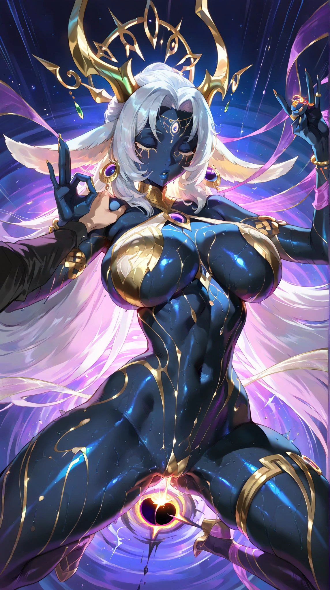 mixed_artwork style, 1girl, standing alone, hands, beautiful woman, Asian, thick, realistic, textures, 8K, perfect hand, perfect anatomy, visible curves, Breasts, Long straight hair, straight bangs Purple Thunder hair, Yellow lipstick, Purple shock charged cloud outfit, Light gray skin, Electricity through the body, purple eyes