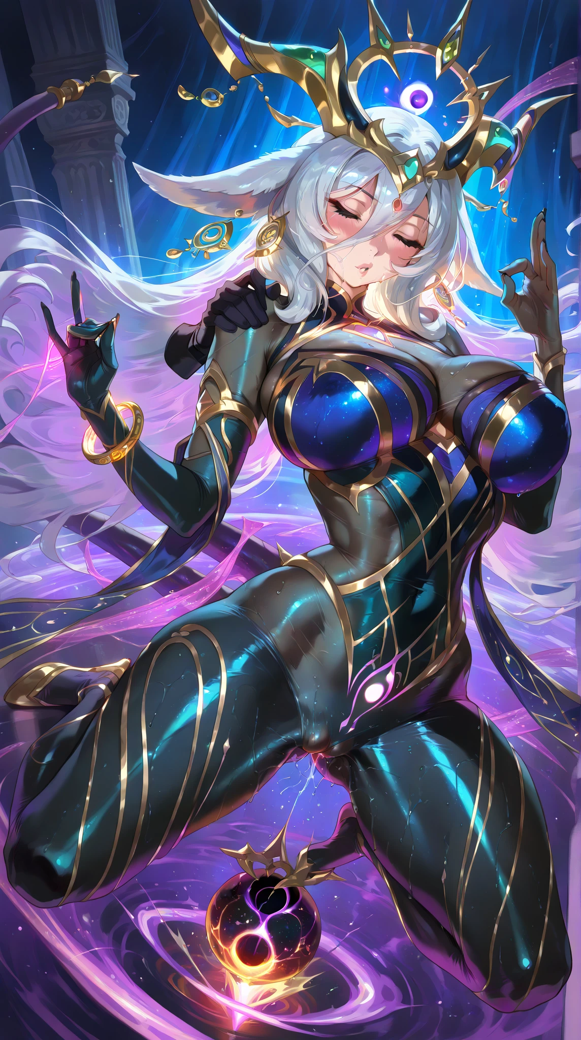 One lady,14years,((White hair) ,((())), ((Normal breasts)), (())(()),(Shiny purple bodysuit with microskirt))),,((Fantasy,))(())