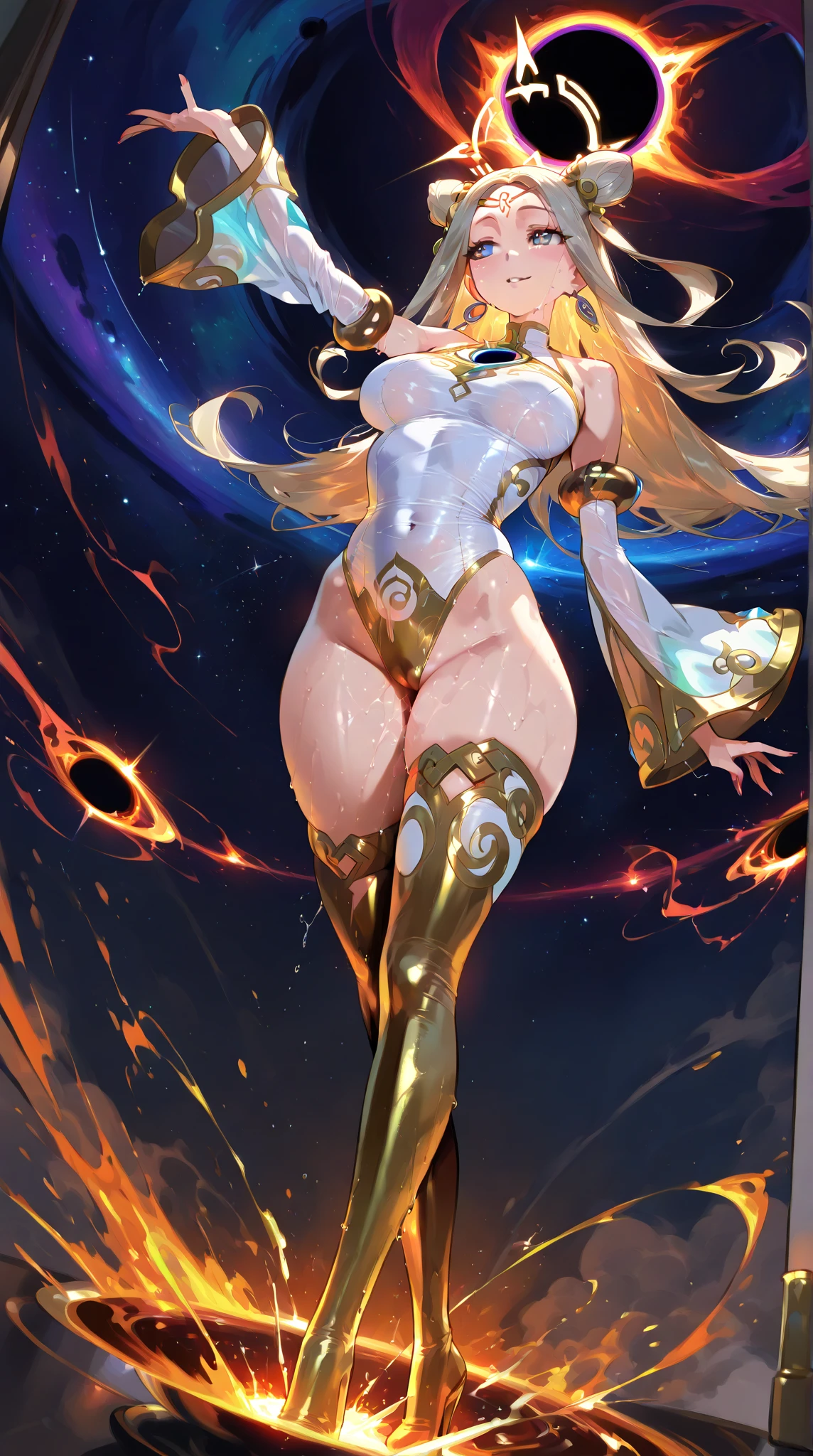 Cara por Tom Bagshaw Art Station, Dark Magician Gils is a Goddess Full-Length Figure, contemptuous look, detailed face, (: 1.4), Gold decoration, plain black background, Beautiful close-up of the Caucasian girl, Dynamic body in motion, digital art, splash, whole body, Art Sakimichan, Oriental mandala tattoo, fractal background, Silver and gold and bronze spirit, floating antique clock, Antique lamp, splash, seductive pose, Pubic Hair Visible , Visible small breasts, whole body, Beautiful European Caucasian Girl, Beauty Sexy Lady, naked breasts, open neckline, Clothing transparent fabric, Standing, realist, Highest detail, Holy Holy, ojos Dorados, Heavenly Palace, countless palaces, clouds, Golden light, Loto Dorado, (Tianchi Bath), pubic hair view, splash, whole body, Art Sakimichan, slight smile, seductive pose, Pubic Hair Visible, whole body, Transparent clothing, Jean-Bapti style ste monje, bright, beautiful , bright, cute adorable filigree, edge lighting, lights, surrealist, Fantasy, digital art, WLOP, Artgerm and James Jean, floating antique clock, Antique lamp, floating antique clock, Tom Bagshaw Art Station Face, The perfect masterpiece, highest qualityr, The perfect work of art, 8k, Upper body lens, front portrait, delicate face, looking at the audience, beautiful , Magical transparent eyes, Platinum hair and 3D fractals, Colorful illustration, anime cartoon style, Tom Bagshaw's Face Art Station, dreamy glow, Dorado, goddess maiden, calls, Hembra que fluye de whole body, Close-up of a beautiful caucasian girl, Body in dynamic motion, fluent, 3D Fractals, light particles, spiritual ink, suave, bright, minimalist style, 16k, Intricate masterpiece of art, legs open, Transparent clothing, goddess maiden , 1 chica sexy con Transparent clothing del bosque, exposed breasts, transparent t-shirt