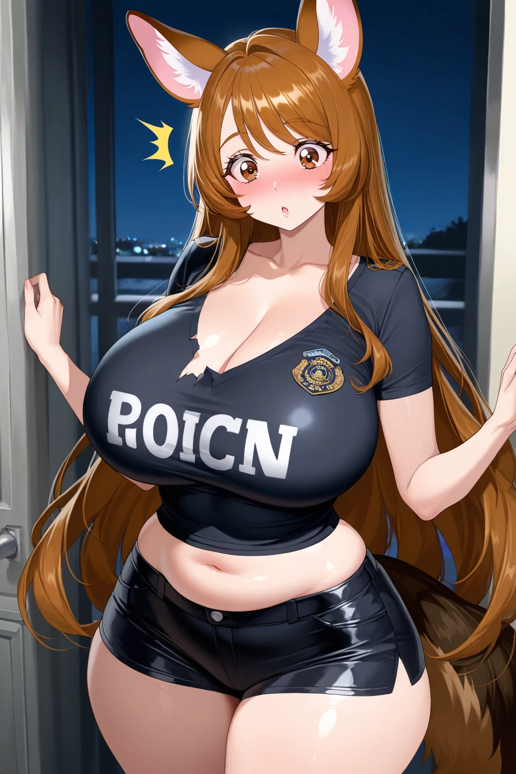 20 year old woman, busty, bubble butt, hourglass figure, skinny, blushing, tired expression, horny, exhausted, long hair, brown hair, wavy hair, wearing white tshirt, booty shorts, glasses, belt, underboob, tight fitting clothing, in park, anime, flat colors, dynamic pose, running, sprinting, heavy make up, kissable lips, red lipstick, covered breasts