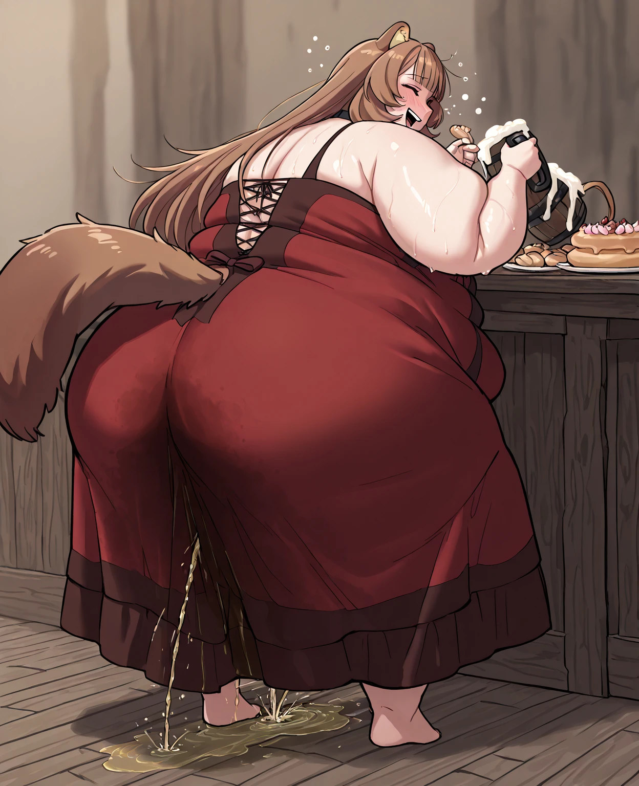 female anthro Snow leopard,Brown long fluffy hair, fluffy hair, squirrel ears, hyena, big breasts, attractive,  chinese clothes, skirt, thicc body, thicc body, thicc, freckles, freckles on face, neutral expression, smug eyes, garter belt tights, high heels, she is standing (thick thighs:1.5) bent over, focus on ass, watch your back, biki big ass sexy ass sexy but invitation (low angle view)