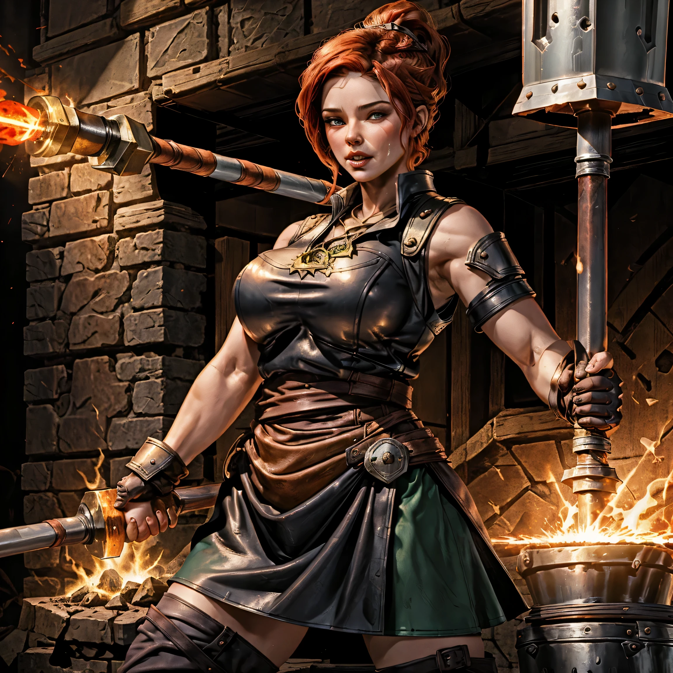 Style: Realism, "medieval fantasy setting with a focus on authentic leather clothing and accessories" , highly detailed, 4k.
1girl, solo, ALEXIAFORGE, The ((((blacksmith)))) is a beautiful woman of the European race. Tall, strong build, with strong hands, but at the same time she has retained her natural beauty. She has big bouncy breasts and athletic and strong hips and buttocks, epictits.
Skin: Light skin with a slight blush. Hot, (sweaty), sweat on the body. "Tattoo: On the chest, in the center, there is the sign of a hammer wrapped in tongues of fire."
Face: Green eyes with highlights of red. A straight nose, well-defined lips that add expressiveness to her.She has big bouncy breasts and athletic and strong HIPS.
Hair: short red hair, pulled into a rough ponytail.
((Work in a forge))
Attire: ((leather apron)) that leave her arms and shoulders exposed. ((On her hands are protective leather gloves)). cleavage, Side boob.
Pose: She stands slightly bent ((over an anvil)), ((her right hand holding a ((hammer)) raised to strike)).
Background: ((dark forge)).
