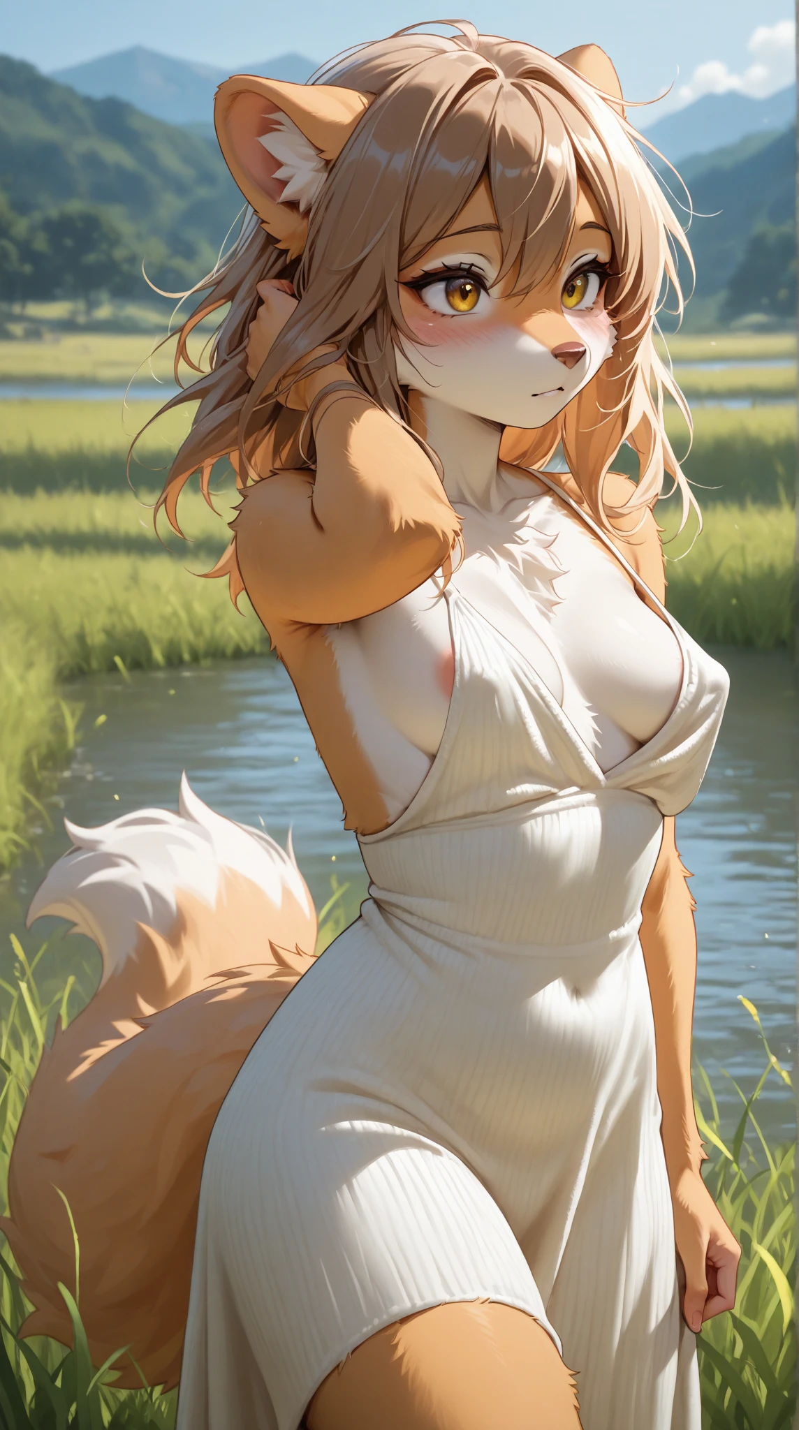 masterpiece, top quality, best quality, super high resolution, detailed background(highly detailed beautiful face and eyes)absurdres, perfect anatomy(cute 1girl, single:1.4, kemono, solo focus, female)lake, volumetric lighting, One breast visible, Clothes transparent crotch, Areola see-through, Milk protruding, Half-undressed, Wet clothes, Sheer clothing, Very sheer, Water droplets, See-through, Bra flipping, Polori, Lower breasts, Embarrassing, Show off, Cleavage(furry anthro:1.7)(Furry body, tiger facial features, tiger body features)(very detailed body fur)full body,