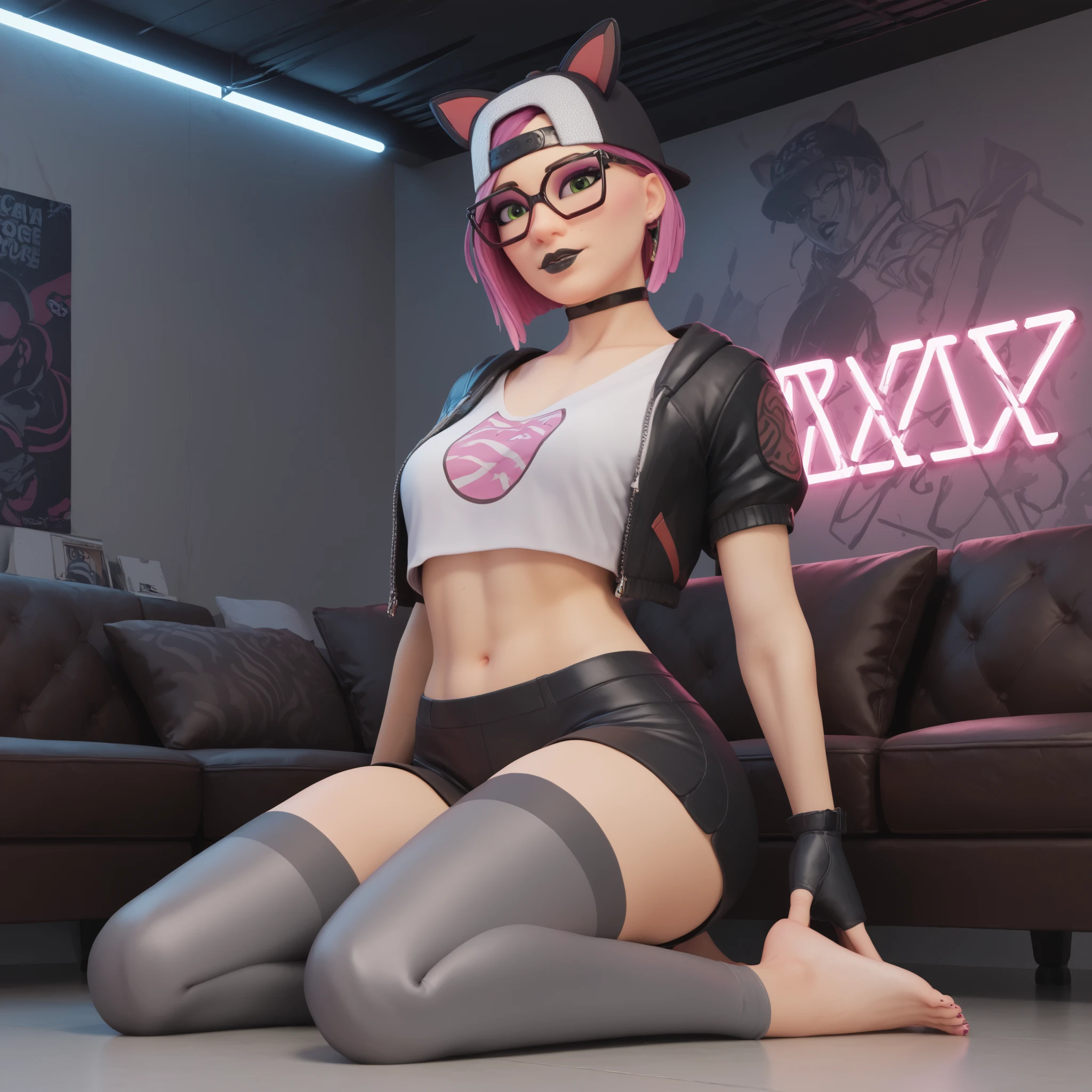(masterpiece), (best quality),chair, (solo), looking the viewer, cyberpunk, high heelsextremely detailed,shorts with black stockings,pink bikini, fine eyes, smile,dynamic pose, short pink hair,cap,fingerless glove,glasses.