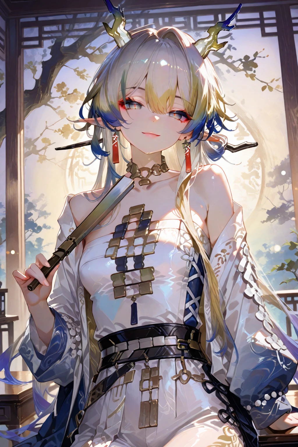 <lora:宵宫(origen):1>,<lora:shuimobysimV3:1>,((masterpiece)),(best quality),official art,extremely detailed CG,unity 8k wallpaper,ultra detailed,A lighthouse on a cliff by the sea,1girl,solo,upper body,(portrait:1.2),looking at viewer,hadanugi_dousa,sarashi,orange_kimono,japanese_clothes,arm_tattoo,blonde_hair,fingerless_gloves,smile,chest_tattoo,bandaged_arm,shimenawa,red_choker,hair_ornament,yellow_eyes,high_ponytail,rope,bandaged_leg,flower_tattoo,bangs,medium_breasts,tabi,single_fingerless_glove,leg_armor,single_thighhigh,<lora:Yoimiya(gen)>,