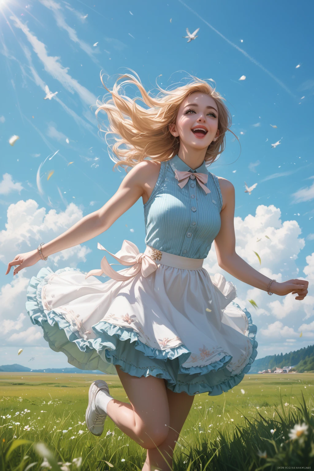 A blonde child in green clothing walking on the clouds

(best quality, 4k, highres, masterpiece:1.2), ultra-detailed, (realistic:1.37)

oil painting, vivid colors, soft lighting

green meadows, fluffy white clouds, bright blue sky

blonde hair flowing, detailed facial features, sparkling green eyes, rosy cheeks

playful smile, carefree expression

cotton candy clouds, dreamlike atmosphere

magical lighting, warm sunlight filtering through the clouds

the child's arms spread wide, feeling the breeze

surrounded by birds, chirping and frolicking

gossamer dress, flowing with the wind

floating green balloons, symbolizing joy and freedom

a sense of tranquility and innocence fills the air

(Note: Please adjust the strength of the keywords if needed)