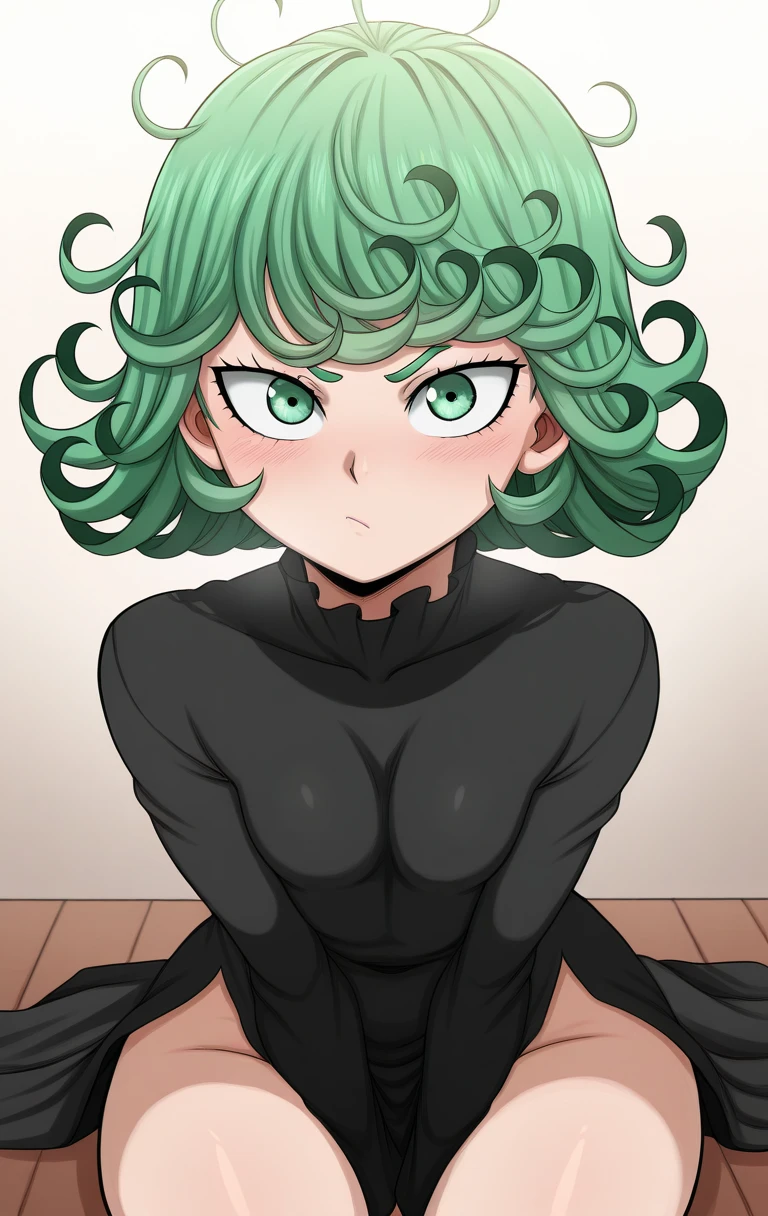 score_9, score_8_up, score_7_up, score_6_up, tatsumaki from one punch man), rating_explicit, solo focus, a woman lying on her back, perfect cute face, freckles, small breasts, sweaty, shaped nipples, looking at viewer, seductive, sexy pose, loose cropped t-shirt, lifting shirt, underboob, dramatic lighting, nipple slip