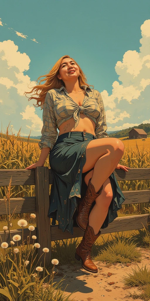 a sexy girl in the middle of a wheat field, very long hair, cowboy hat, unbuttoned white shirt, cleavage, checkered miniskirt, detailed belt, sexy posing, dark clouds, eroticism, sexy image, black and white, between shadows, painting oil painting, chiaroscuro, sensual lighting, dramatic atmosphere, moody, emotional impact, Art inspired by Bill Sienkiewicz
