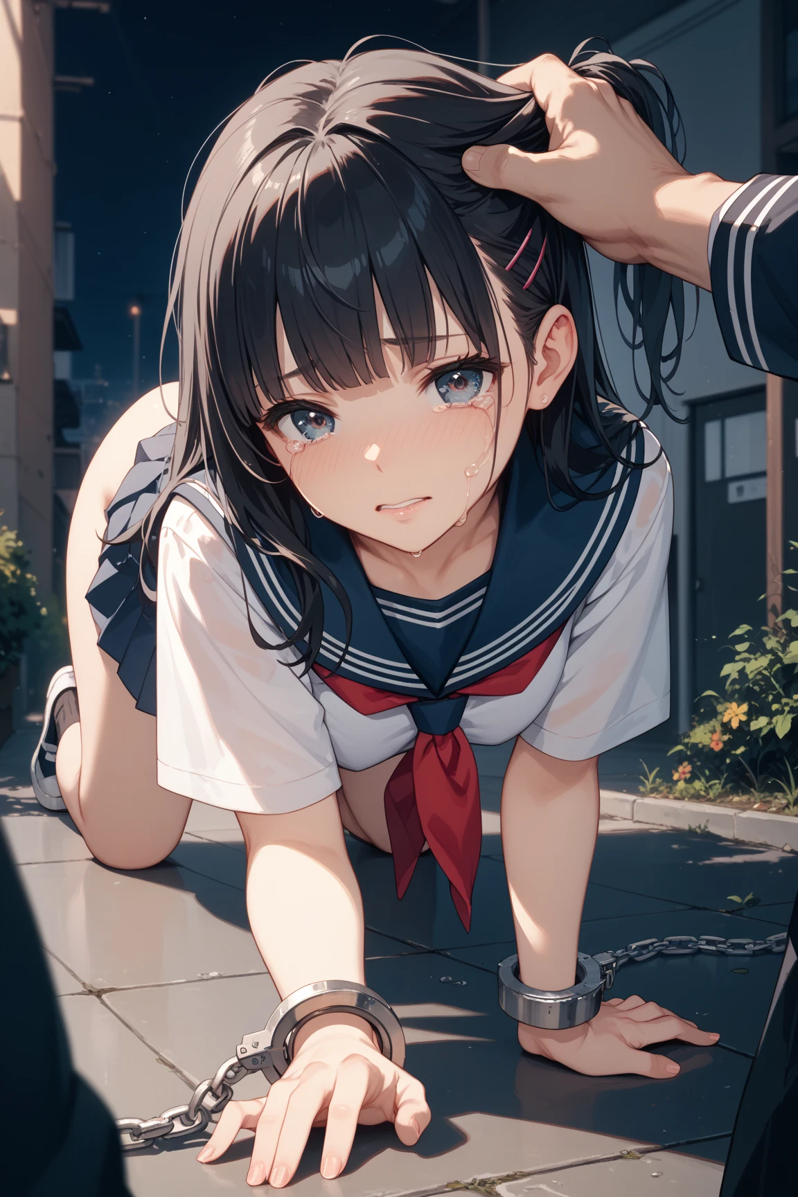 small petite, petite body, hair untied, hair down, small head, flat chested,Dark Hair, short, sailor outfit, on all fours doggy position,man standing infront pants down, pull your pants down, girl mouth open, sucking, sucking hard, licking, mouth open, in mouth, , side view