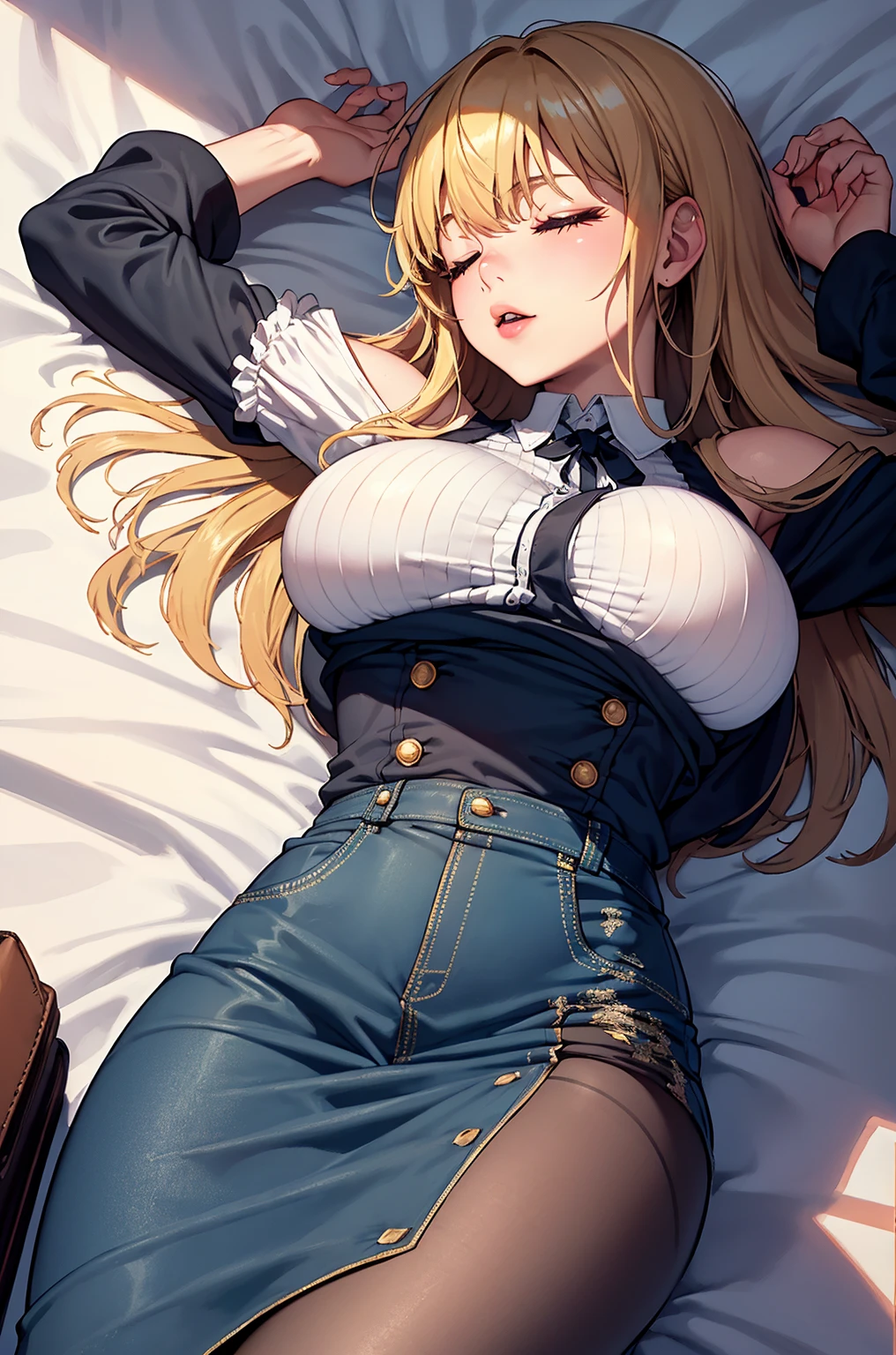 lying on sofa, sideways back, (view from above), de bruços, empinando a bunda, top view, (masterpiece, best quality:1.4), absurdres, highres, ultra detailed, beautiful, (secretary), (perfect face, detailed face, beautiful:1.3),(natural breasts, cleavage), collarbone, fingerless gloves, gloves,spaghetti strap top, black pencil skirt, tight, over the knee skirt, hat, elegant secretary outfit, thighhighs, thick thighs, thighs, multiple belts, More detailed 8K.motor irreal:1.4,UHD,La mejor calidad:1.4, fotorrealista:1.4, textura de la piel:1.4, obra maestra:1.8,obra-prima, mejor calidad,objeto Objeto], (detailed face features:1.3),(manos detailed)