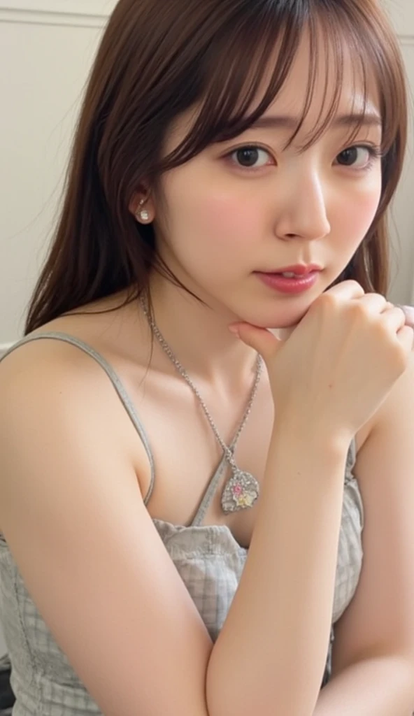 Highest quality、masterpiece、detailed、High resolution、8K、Photorealistic、Sharp focus、High-level image quality、Professional Lighting、非常にdetailedな、Depth of written boundary、(Big Breasts)、K-Cup Bust、Large areola、Erect nipples、,、Huge Ass、Thick thighs、Loose body、Voluptuous body、Thick upper arms)、((Beige lace bra))、((Cleavage))、(((Push your breasts together with your arms)))、