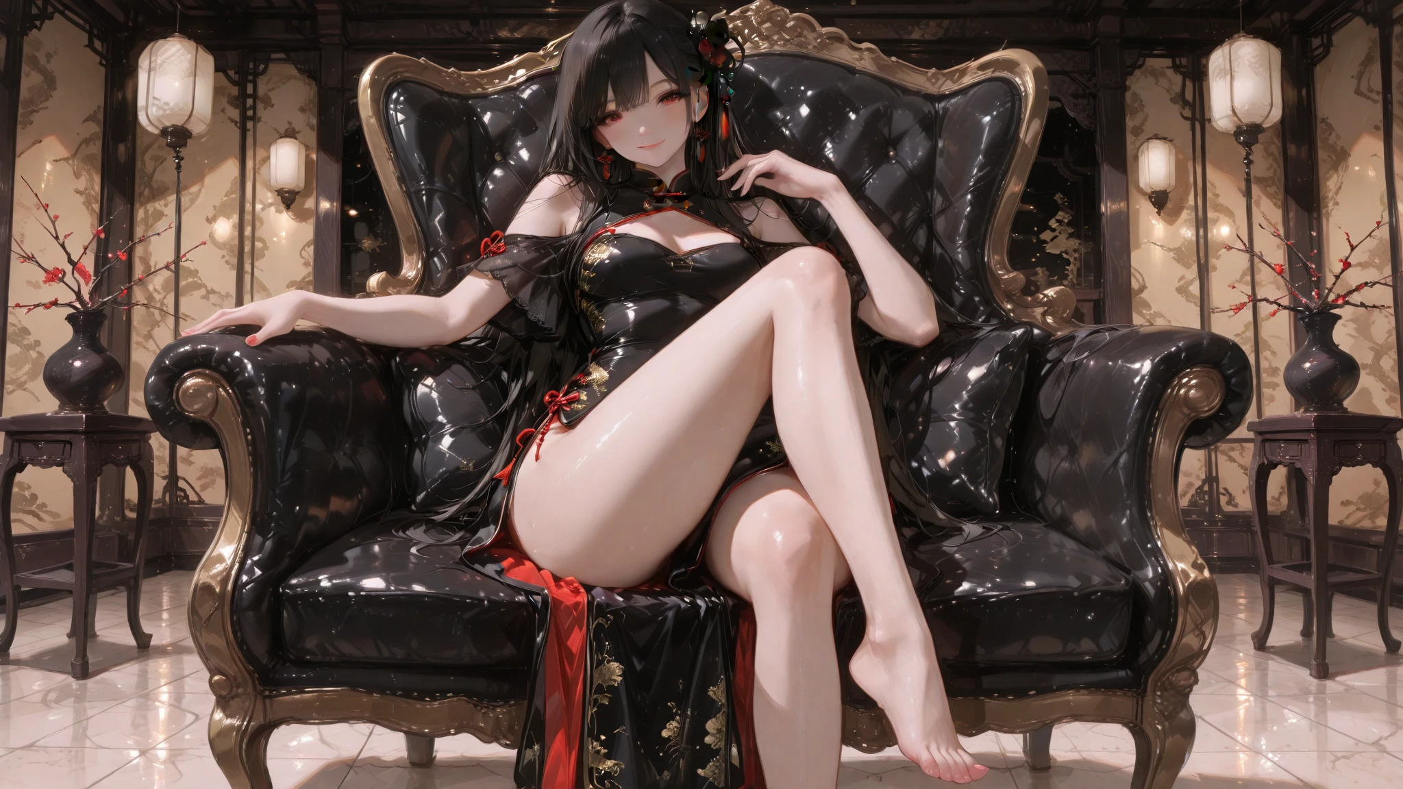 photorealistic, seductive asian royal sister, luxurious tight mini chinese dress, (on a sofa, spread legs and lift up skirt and show off detailed sexy panties), (perfect anatomy), 8k, raw photograph, best quality, masterpiece, (detailed character), detailed anime face, full body concept, center of screen, stiletto heel, luxurious jewelrys, chinese tiara, hair ornaments, large presence earring, bracelets, anklets, trinkets, red eyes, smoky makeup, eyeshadow, heavy makeup, sexual temptation, sexual suggestiveness, seductive smile, oriental style, lamp lights, lens flare, film grain