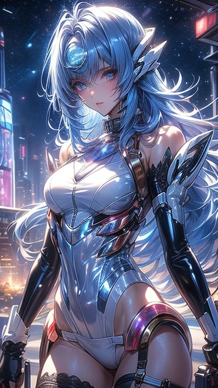 最high quality、best image quality、masterpiece、teenage girl((18-year-old、 By becoming、vest bust、medium bust,wide open breast tea、black eye, light blue hair、Red mesh、long hair、thin,highest valley、white vintage suit(2:3)、Glowing red wings,leaning forward)),high quality、beautiful art、background((outer space))debris flies、Depth of written boundary、movie、visual art、perfect art、8K,genuine