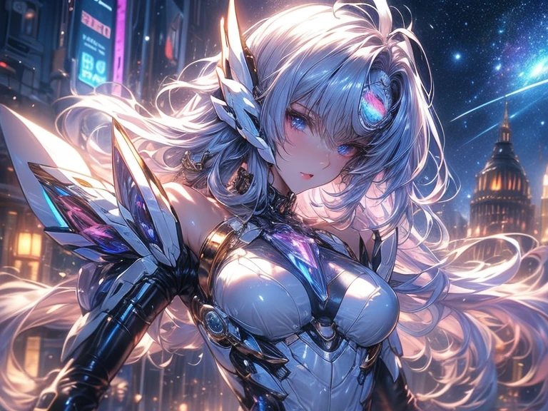 (((masterpiece))), (Highest quality), (Ultra-high resolution), (Highest quality), (Super detailed), Space War、milky way、Mecha Girl、Mecha Maiden、Golden Ratio、in focus with blurred background、bokeh photography, (soft focus):1.2, out-of-focus highlights, dreamy ambiance, glowing circles, mesmerizing depth