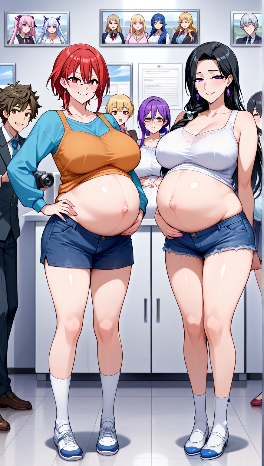 (Full body, glasses), An image of a pregnant Flandre scarlet with her belly on full display, huge breasts, office uniform